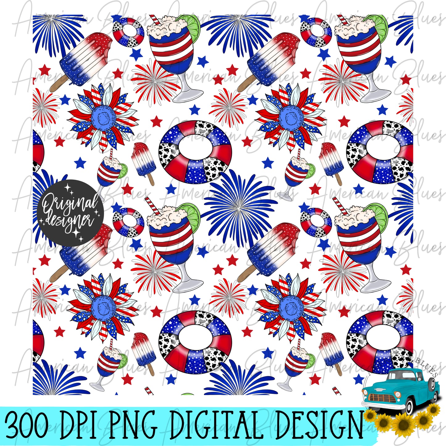 4th of July tubes, floats and flowers seamless pattern