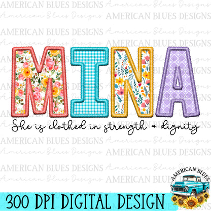 Mina- Spring embroidered name digital design | American Blues Designs