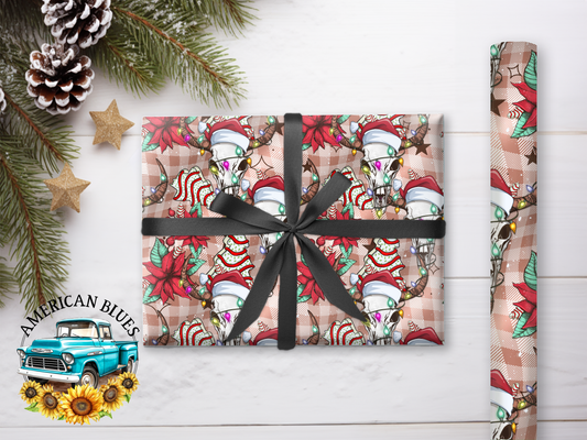 Boho Christmas Cow Skull & Tree Cakes wrapping paper