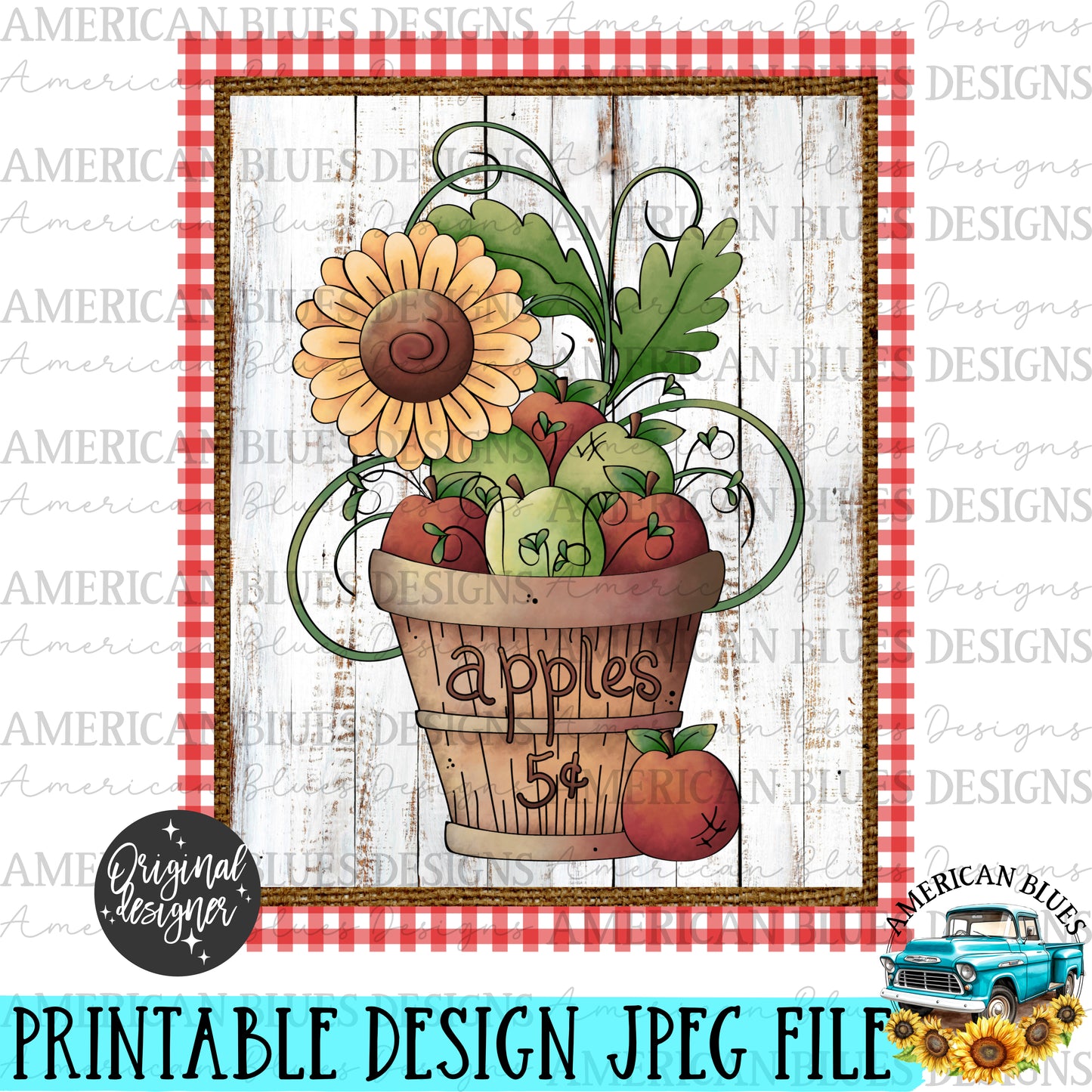 Cute farmhouse printable art featuring apple basket, digital download 8x10 size-American Blues Designs