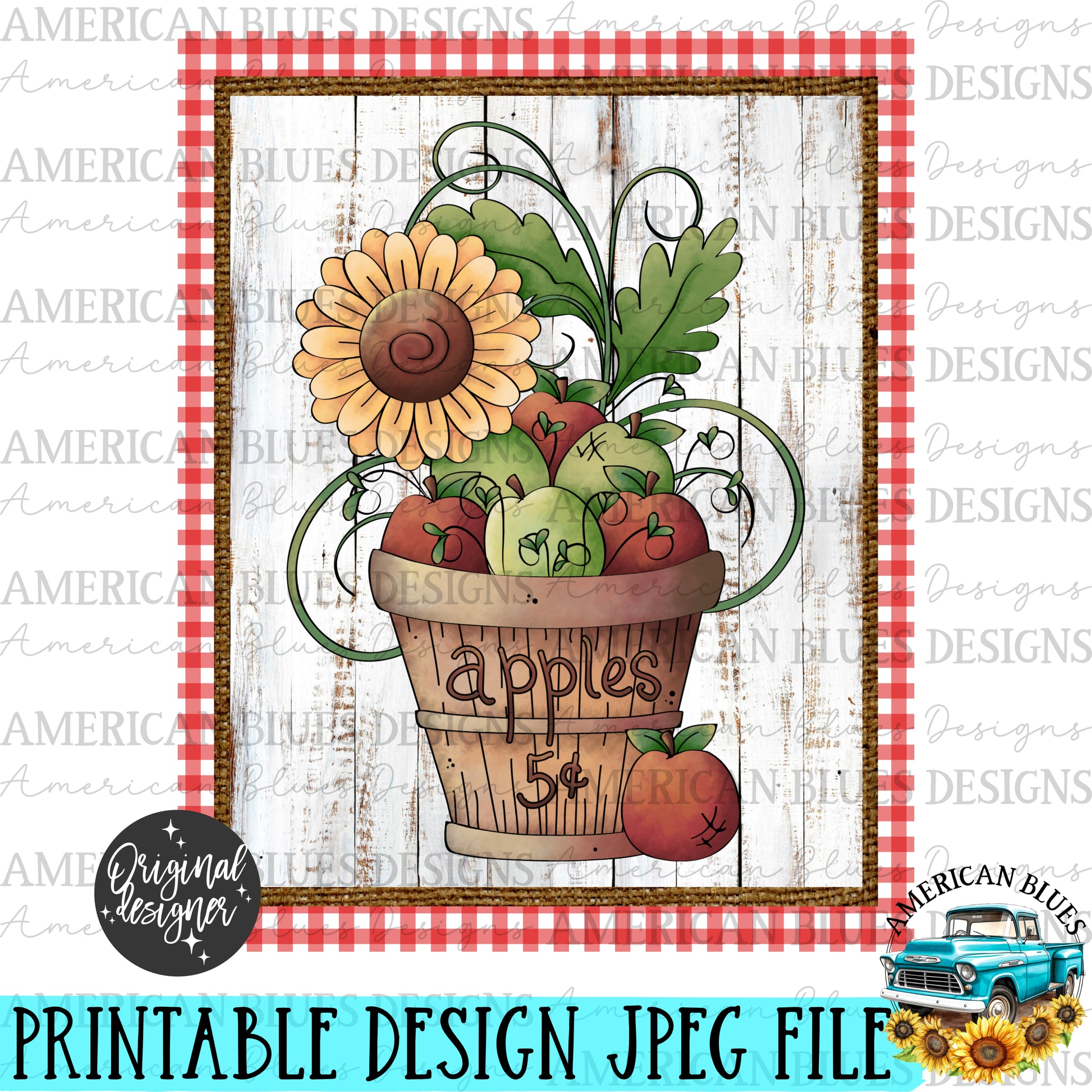 Cute farmhouse printable art featuring apple basket, digital download 8x10 size-American Blues Designs