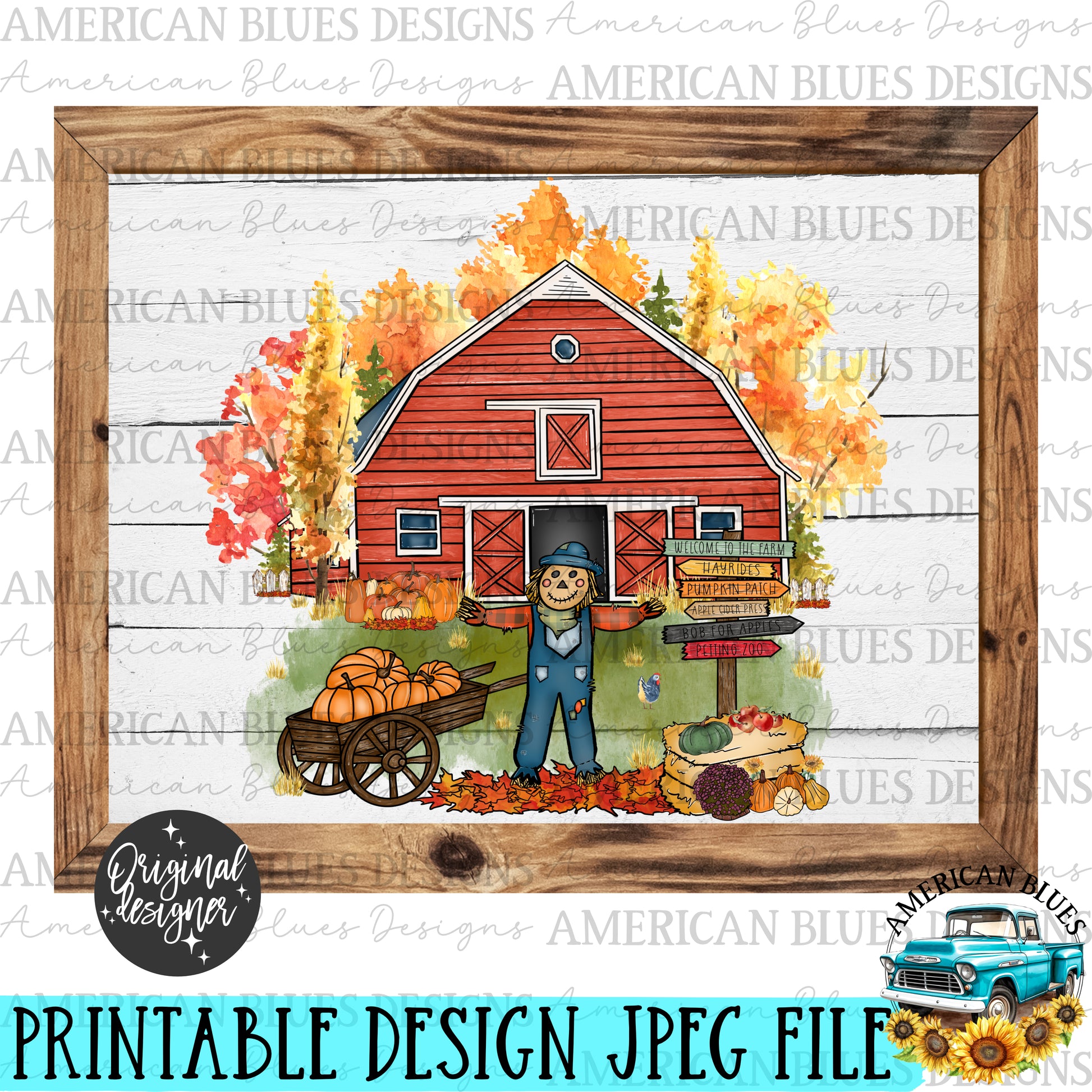 Red barn and scarecrow Fall & Autumn Printable Art
