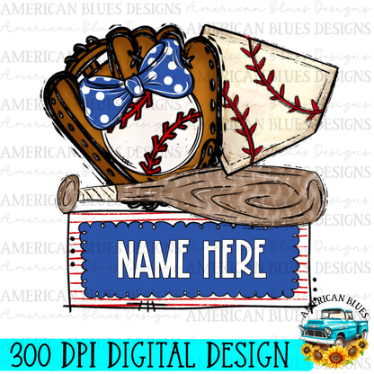 Baseball name plate with bow digital design | American Blues Designs