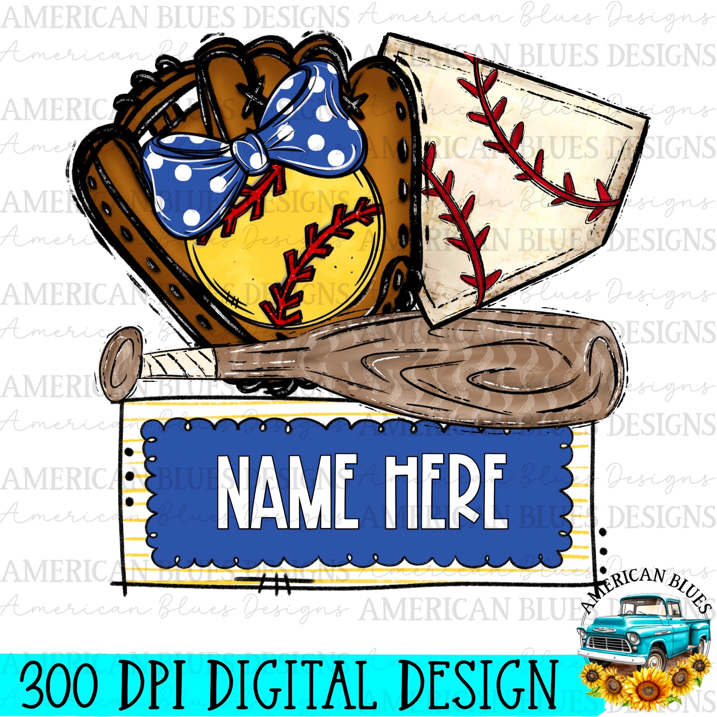 Softball name plate with bow digital design | American Blues Designs