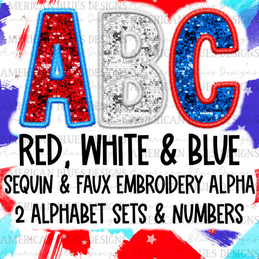 4th of July sequin & faux embroidery Alpha Set | American Blues Designs 