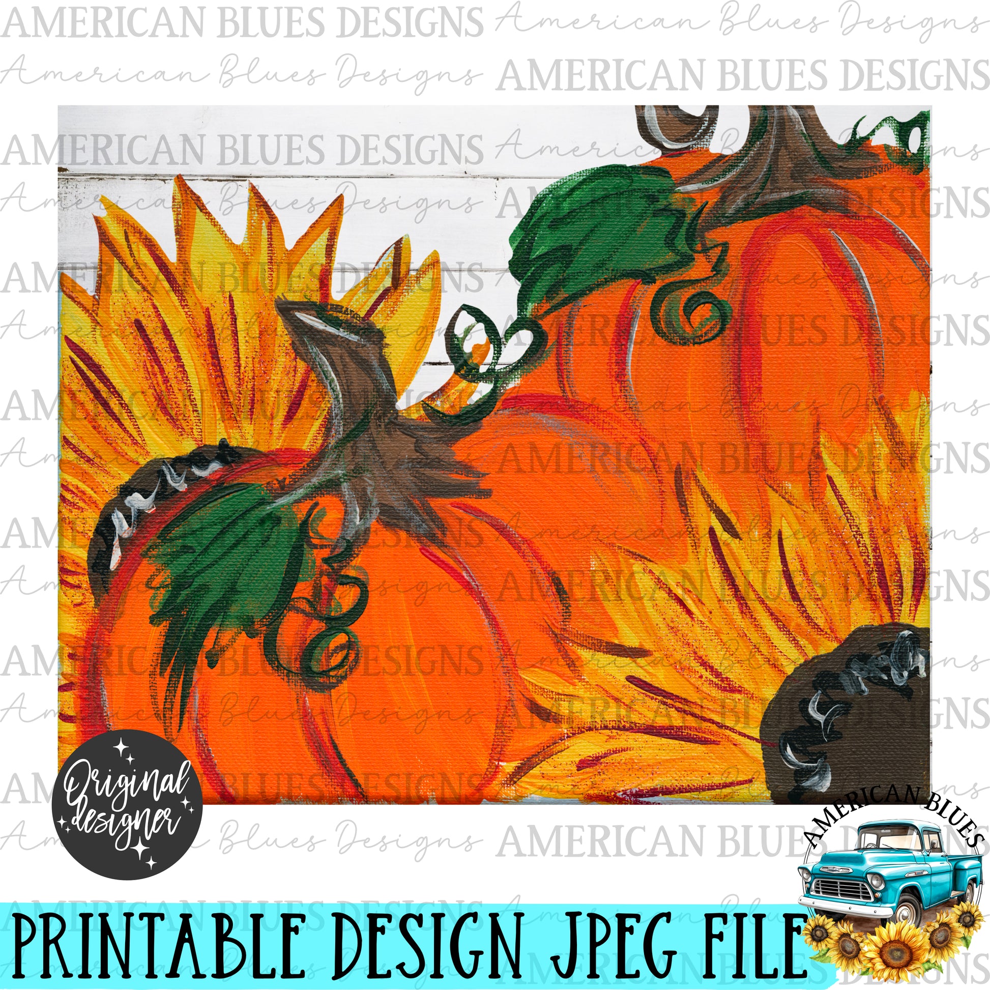 Fall painted pumpkin & sunflowers printable art | American Blues Designs