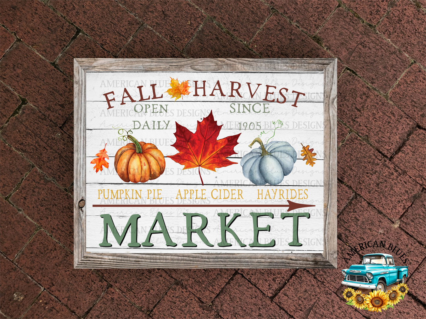 Fall Harvest Market with Autumn leaves printable art | American Blues Designs