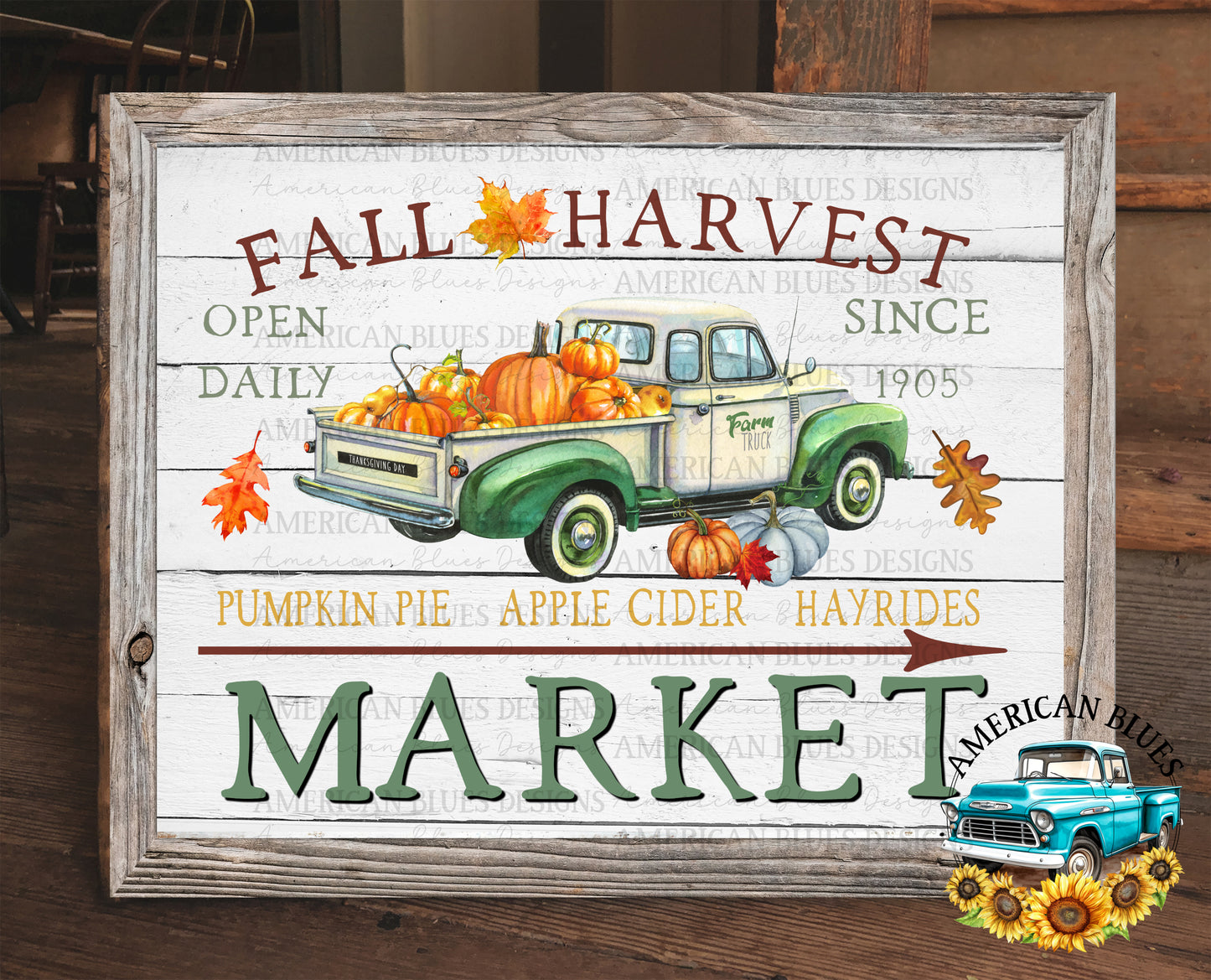 Fall Harvest Market with old vintage truck printable art | American Blues Designs