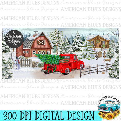 Old red truck & Winter farm mug wrap digital design | American Blues Designs