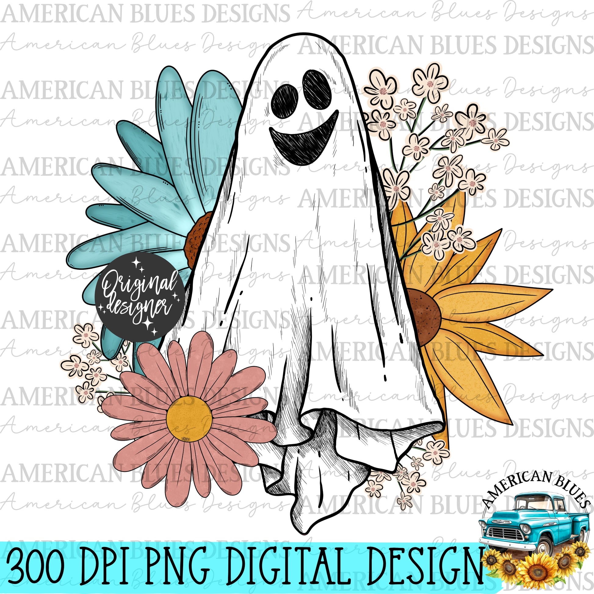 "Oliver the ghostie & florals" digital design | American Blues Design