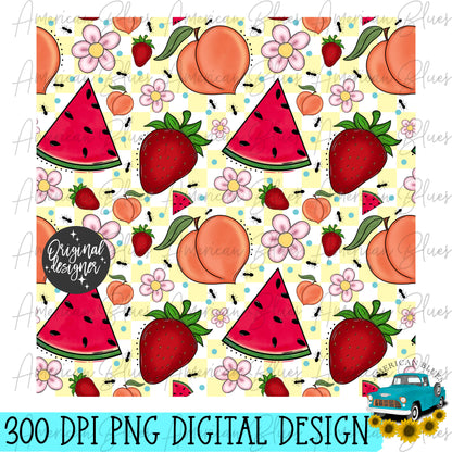 Peaches, Strawberry, Watermelon & ants seamless pattern