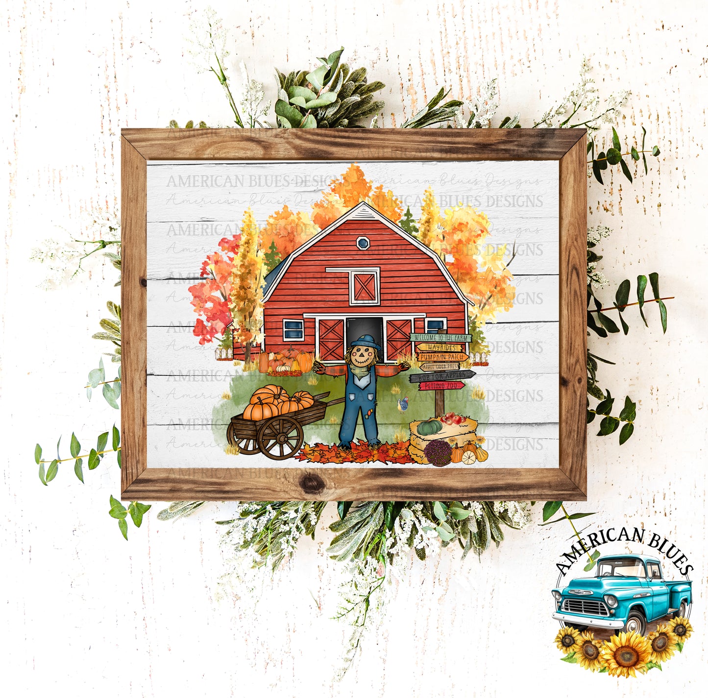 Red barn and scarecrow Fall & Autumn Printable Art