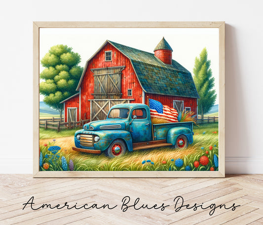 Vintage Patriotic Truck & Barn Printable Wall Art
