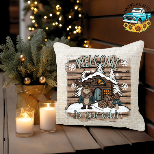 Welcome to our cabin- snowy forest moose digital design | American Blues Designs