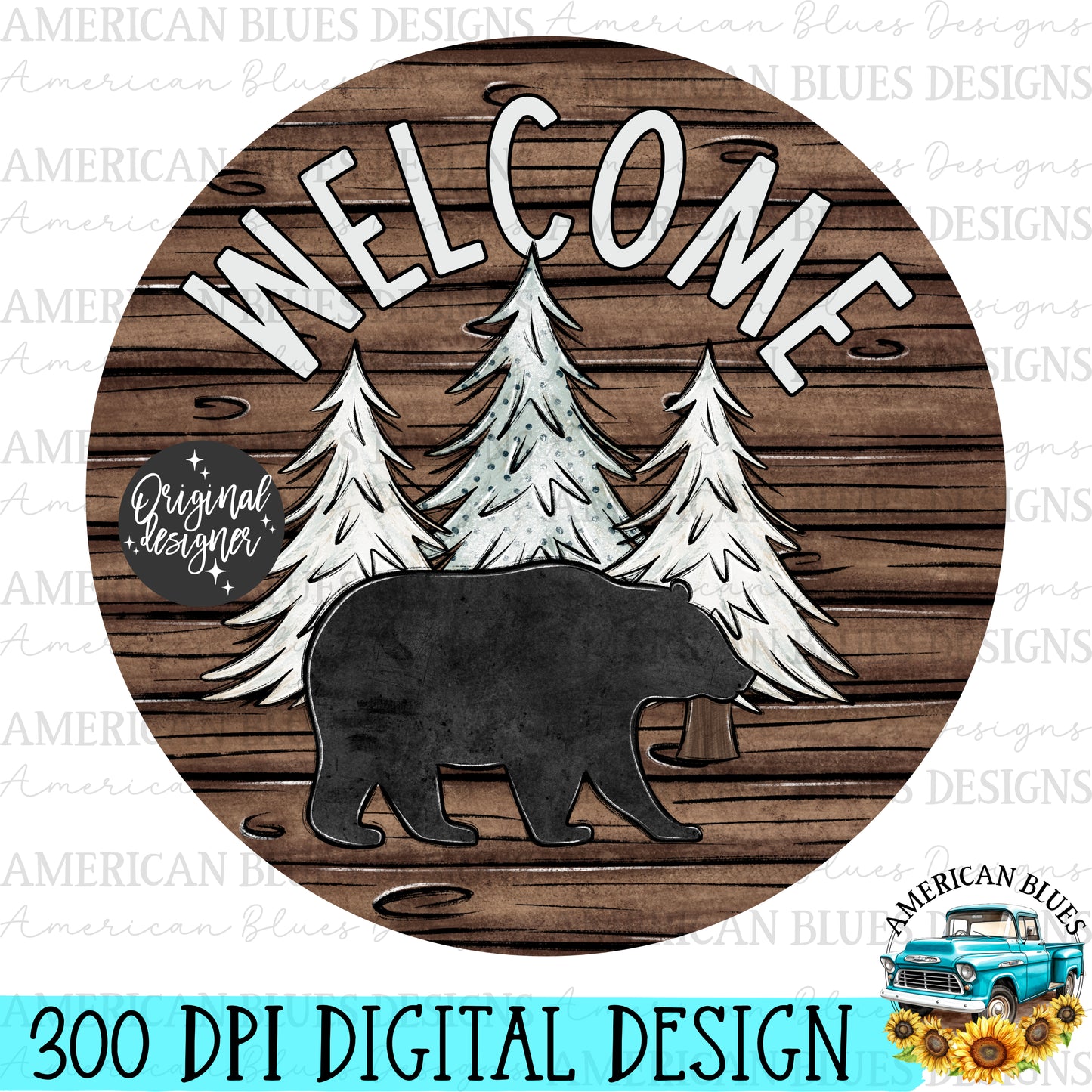 Welcome bear door hanger- log cabin background