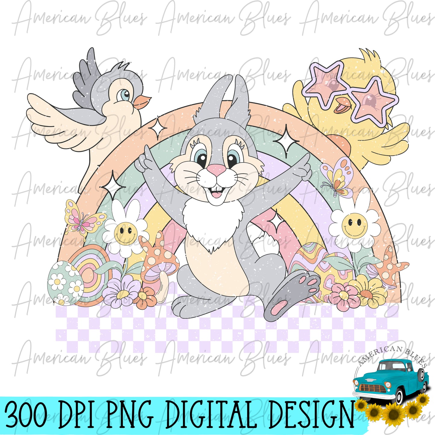 Easter retro bunny rainbow- regular and distressed version included