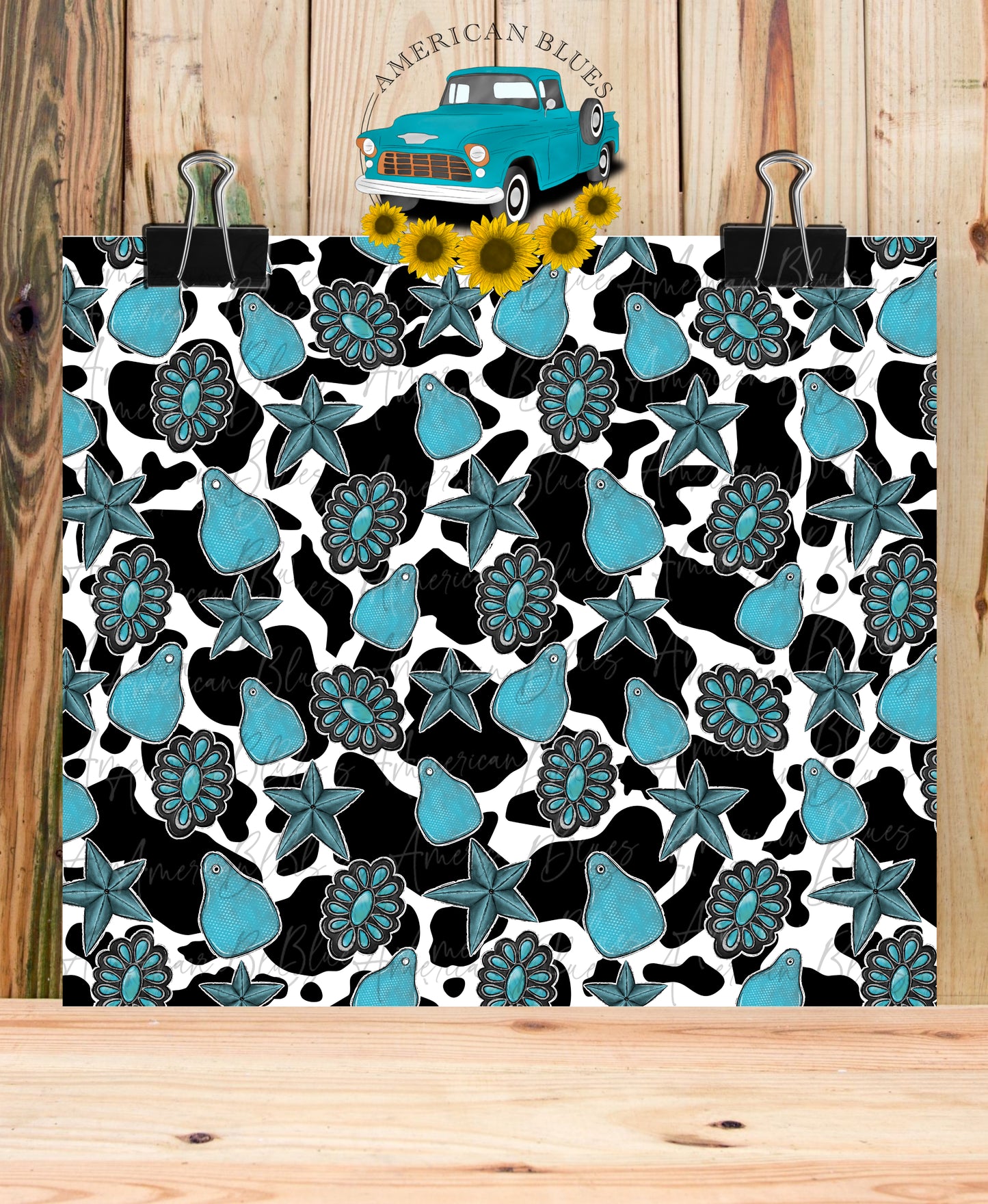 Turquoise, Cow tags, Tin Stars and Cow print seamless pattern