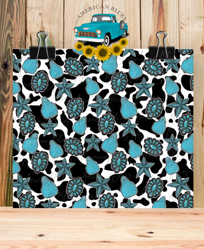 Turquoise, Cow tags, Tin Stars and Cow print seamless pattern