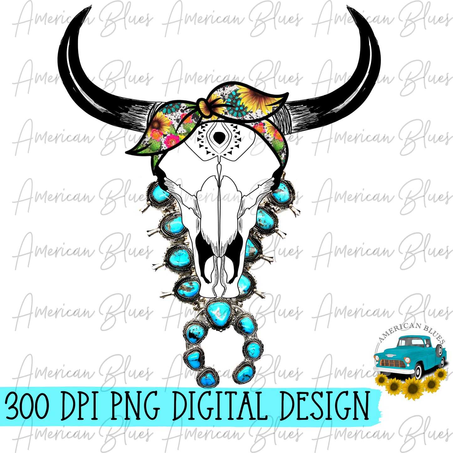 cow skull with turquoise squash blossom necklace