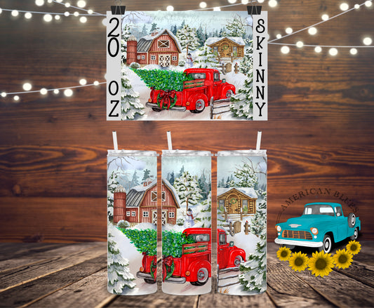 Christmas farmhouse with old red truck TUMBLER WRAP