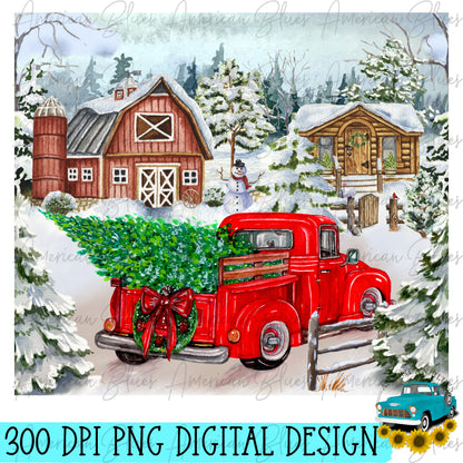 Christmas farmhouse with old red truck TUMBLER WRAP