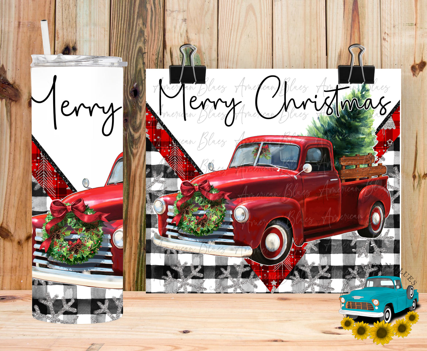 Merry Christmas old red truck TUMBLER WRAP
