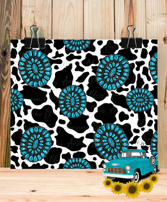 Cow print and turquoise concho seamless pattern